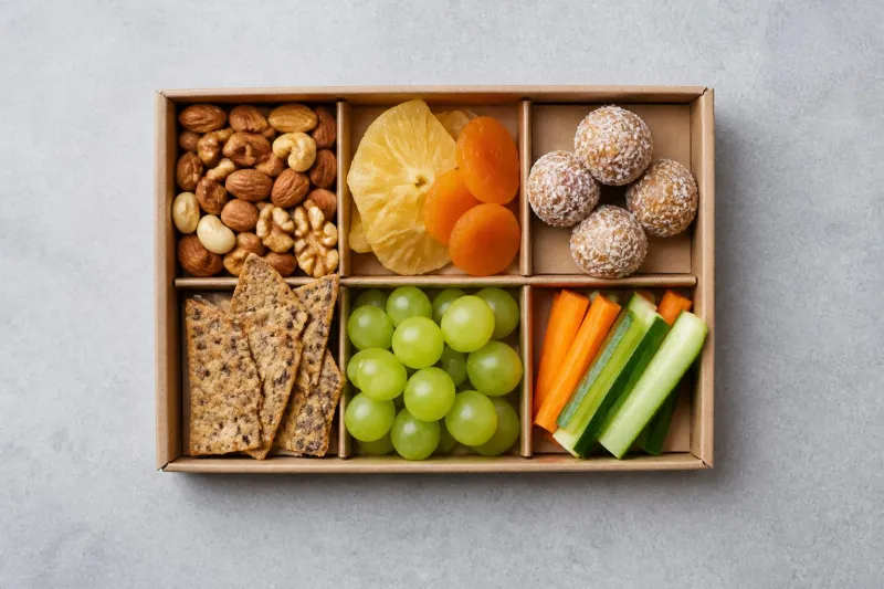 An assortment of colorful, healthy snacks arranged neatly in an open cardboard subscription box on a wooden table