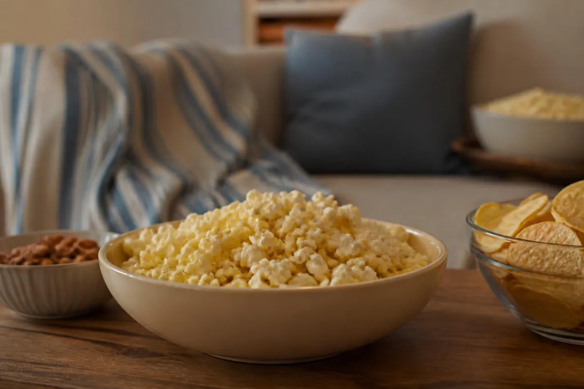 Illustration of bowls of popcorn, crisps and nuts on a table beside a sofa.